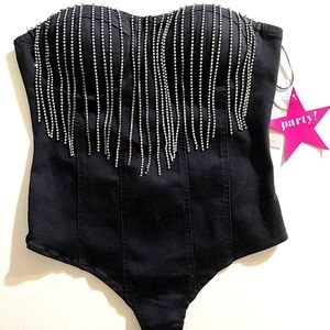 NWT Black Crystal Fringe Strapless Denim Bodysuit